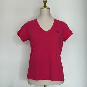 Polo Ralph Lauren Women's Pink V-Neck T-Shirt Navy Blue Logo Women’s Medium